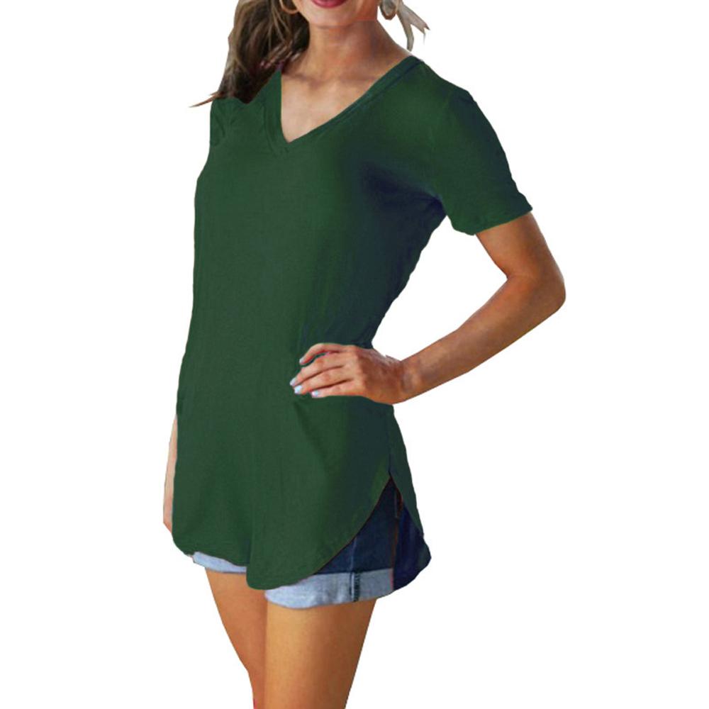 Summer Solid Color Blouse V-neck Short Sleeve Loose T-shirt Hem Arc Women Clothes