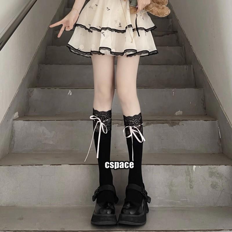 

Lolita Lace Stitching White Knee Socks Jk Ballet Blue Ribbon Bow Student Versatile Stockings One size