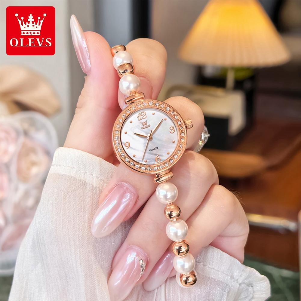 OLEVS Damen Uhr Mode Elegantes Perlenarmband Armbanduhr für Damen Luxus Diamantlünette Wasserdicht Damen Quarzuhren 5640