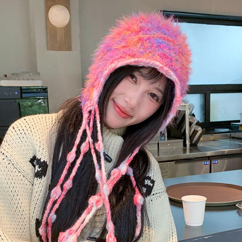Autumn and winter color retro knitted lace-up women's warm mixed color feather yarn ear protection fringed wool hat