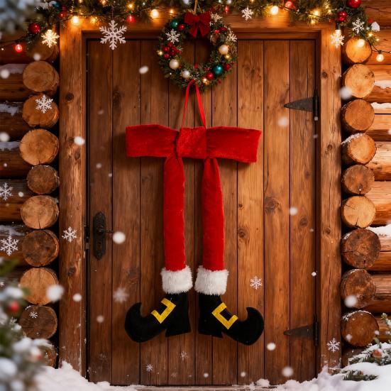 Christmas Elf Leg Ornament 14 Inch Red Plush Elf Leg Hanging Ornament with Velvet Bow