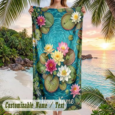 Water Lily Pond Theme Quick Dry Beach Towel Custom Name Text Print Large Sand Resistant Towel Beach Vacation