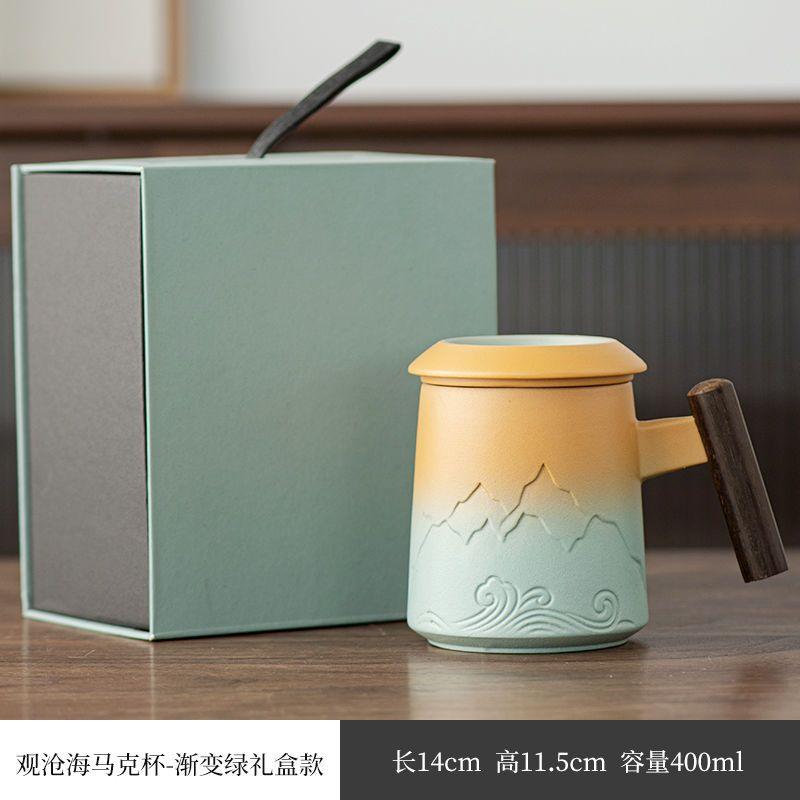 Handcrafted Ceramic Tea Mug with Infuser and Lid – 400ml Heat-Resistant Cup with Wooden Handle, Artistic Mountain Design