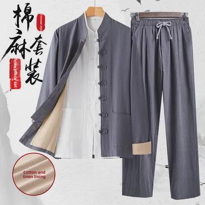 Men's Long-Sleeve Cotton Linen Tang Suit - Retro Chinese Style for Middle-Aged and Elderly In Autumn