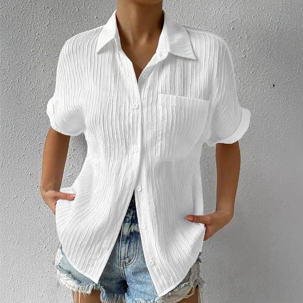 Women's Solid Color Lapel Short Sleeve Shirt Casual Button Cardigan Top