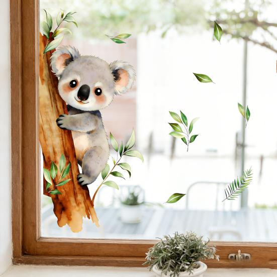 Removable Koala Window Cling Cute Koala on Branch Sticker Watercolor Animal Static PVC Decals for Kids Baby Bedroom Nursery