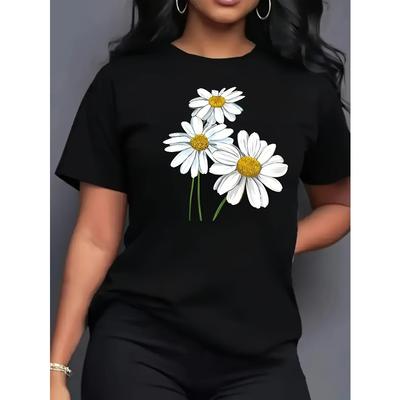 Womens Black White Daisy Print Tee Loose Round Neck Short Sleeve Smock Closure Breathable Soft Machine Washable Summer