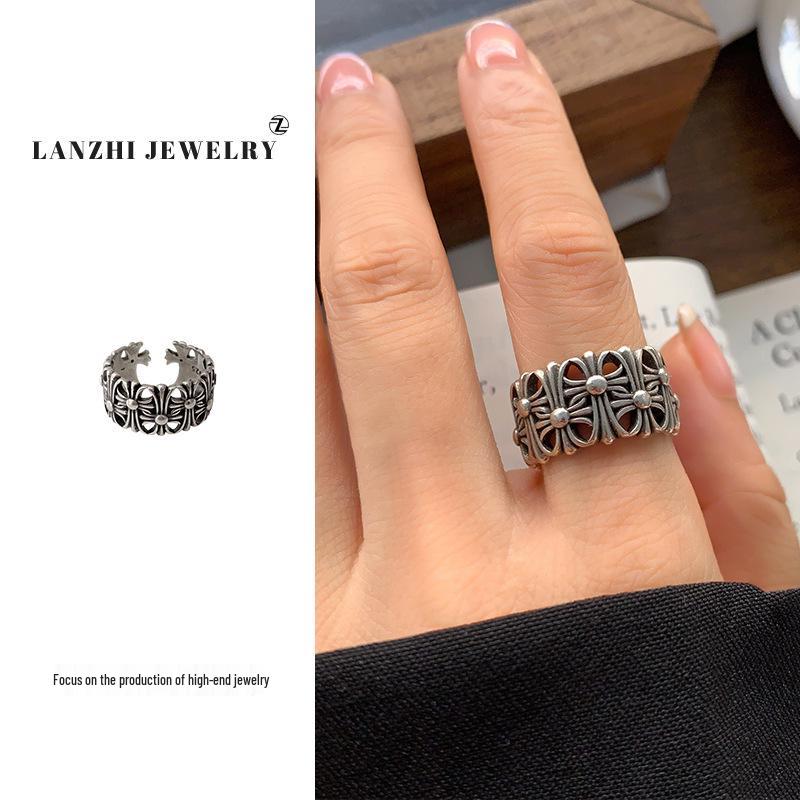 Lan Zhi Retro 925 Sterling Silver Exaggerated Open-Faced Ring - Unique and Colorfast Hand Jewelry.
