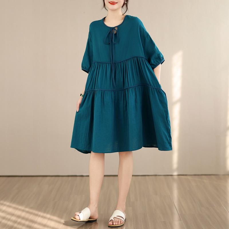 

Short sleeve Plus size Cotton linen vintage new in dresses for women casual loose midi summer dress L синий
