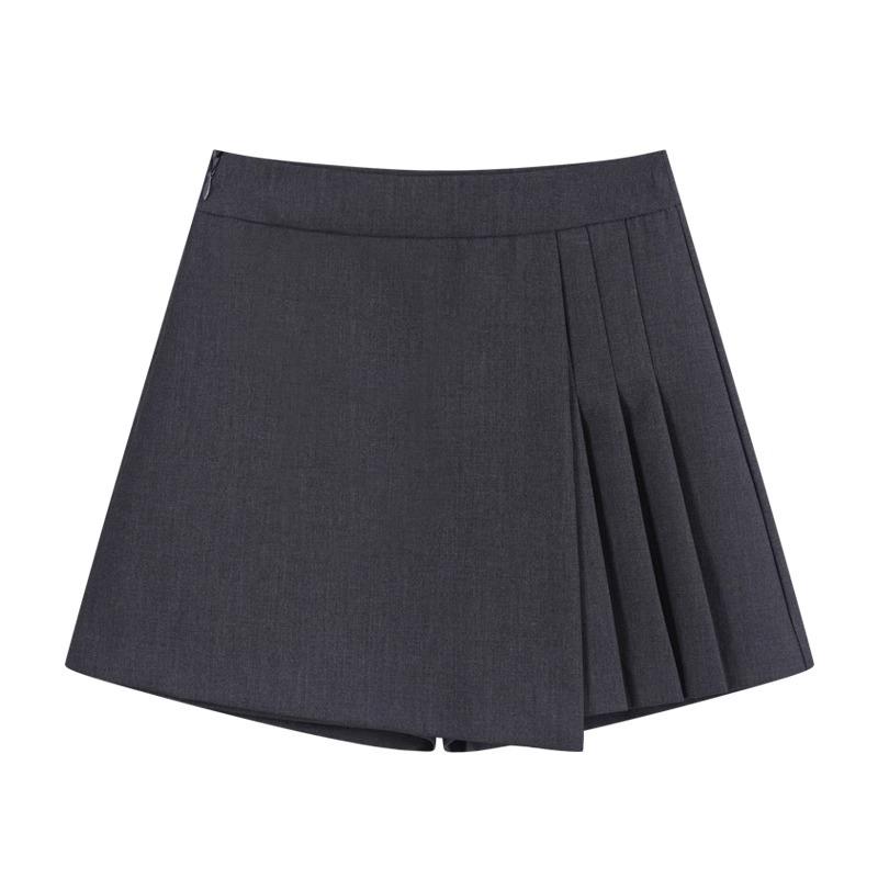 

2025 Women s Petite High Waist Grey A-Line Pleated Skirt Pants S