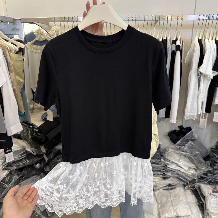 

Корейская футболка с кружевной отделкой, пэчворк, два в одном, с длинным рукавом для женщин - Летняя коллекция 2025, круглый вырез, приталенный базовый топ Extra Large чёрный