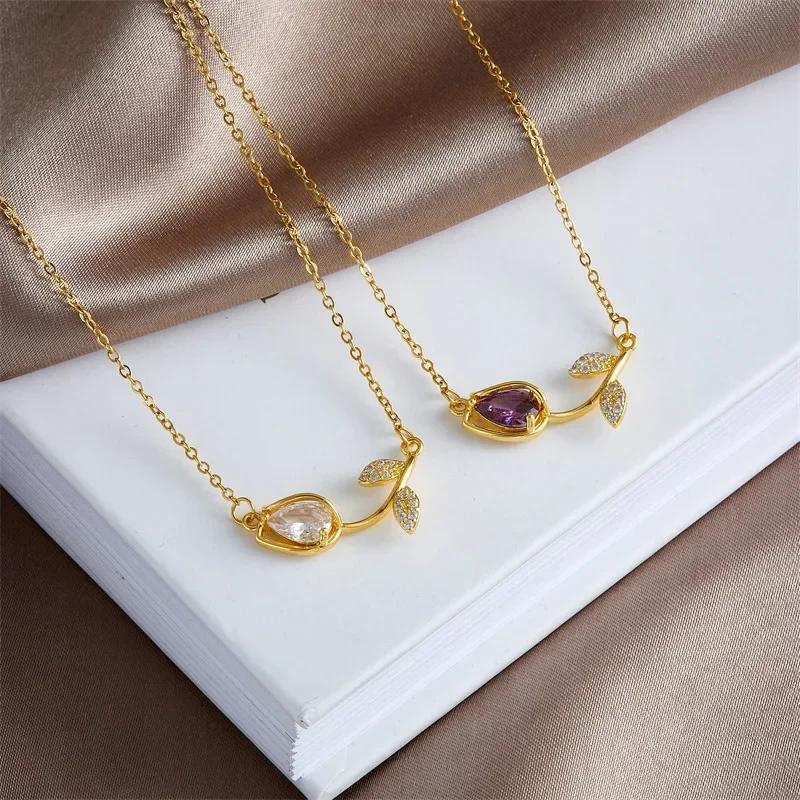 Sweet Colorful Zircon Tulip Pendant Necklaces for Women Girls Stainless Steel Chain Choker Trendy Jewelry Accessories Gifts