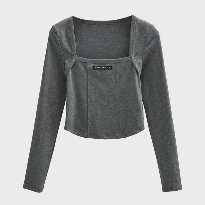 Crop top da donna con scollo quadrato, design a lisca di pesce, strisce piccanti, maniche lunghe