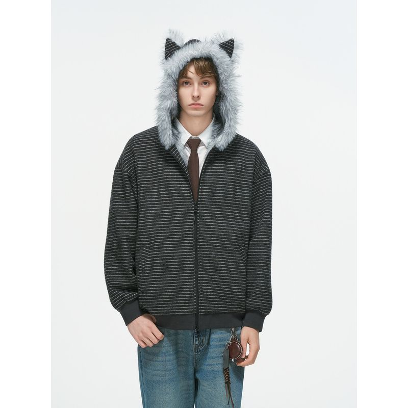 Dream Made Cat Ear Mountain Carving Jacket for Men, Winter Fleece-Lined Thickened Warm Couple Cotton Coat, Striped Cotton Jacket