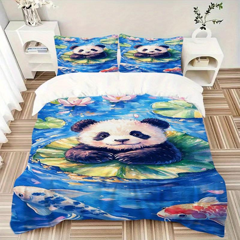 3pcs Panda Lotus Bedding Cover Set, Fashion Classic Popular Print Bedding Set, Soft Comfortable, All - Season Use, For Bedroom, Guest Room182