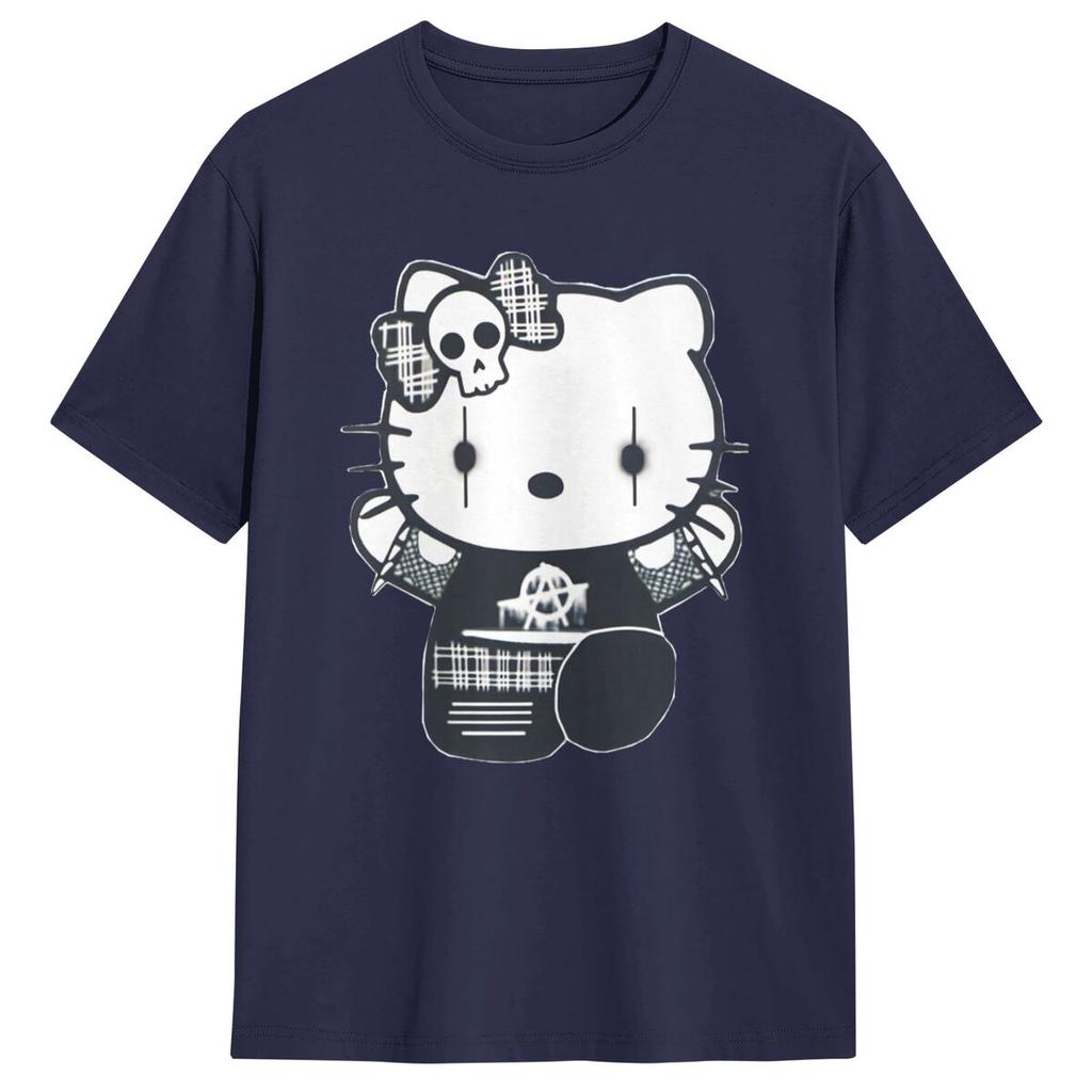 Goth Gothic Hellokitty   Black Satanic T Shirt Leisure Short-Sleeved Tops Summer 100 Cotton O Neck 4XL 5XL 6XL Clothes