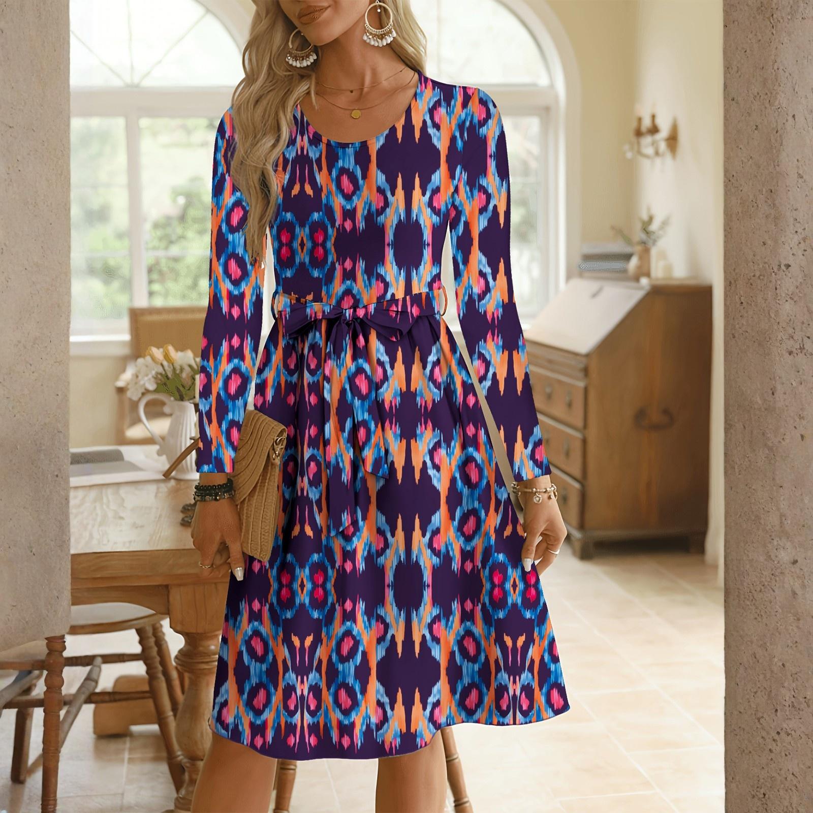 

Женское модное ретро платье с принтом, цветными блоками и поясом на талии, повседневное, с длинным рукавом L фиолетовый