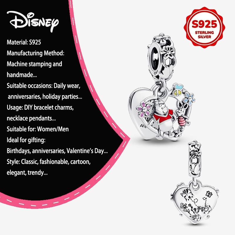 New Disney 925 Silver Winnie & Stitch Charms for Bracelet Necklace DIY Jewelry Gifts Holiday Party