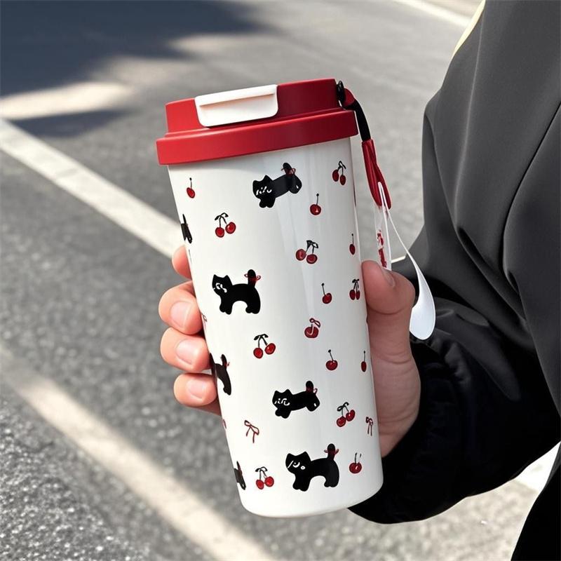 

Floral Kitten Design 550Ml Dual-Drink Vacuum Insulated Cup, Large Capacity Portable 316 Stainless Steel Water Bottle
