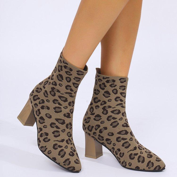 New Korean version leopard print thick heel short boots pointed high heel flying woven elegant fashion boots women's boots large size wish