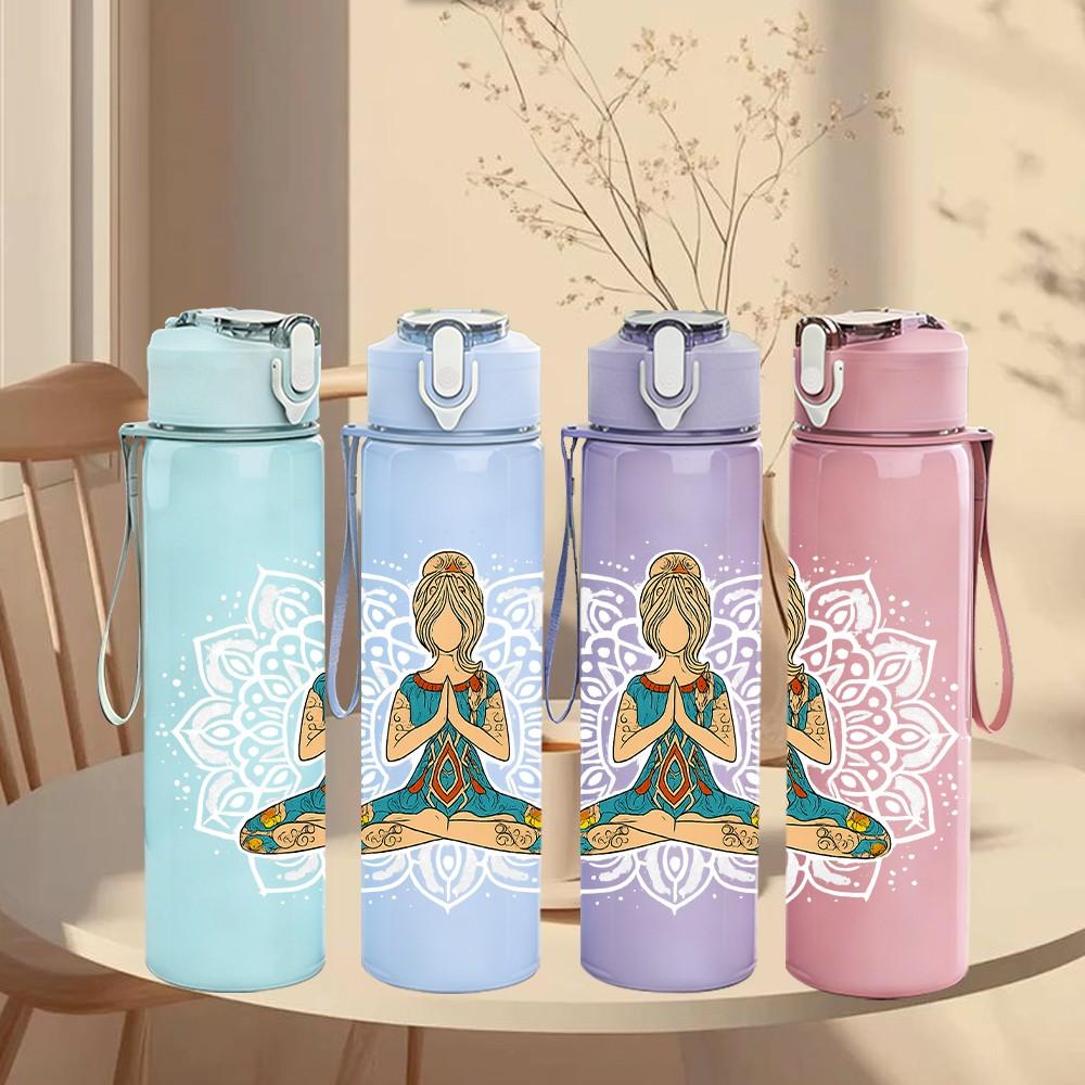 1PC Meditating Yoga Figure 750ml Color Plastic Sports Water Bottle Leakproof Flip Straw Lid Suitable for Sports Office Home Use