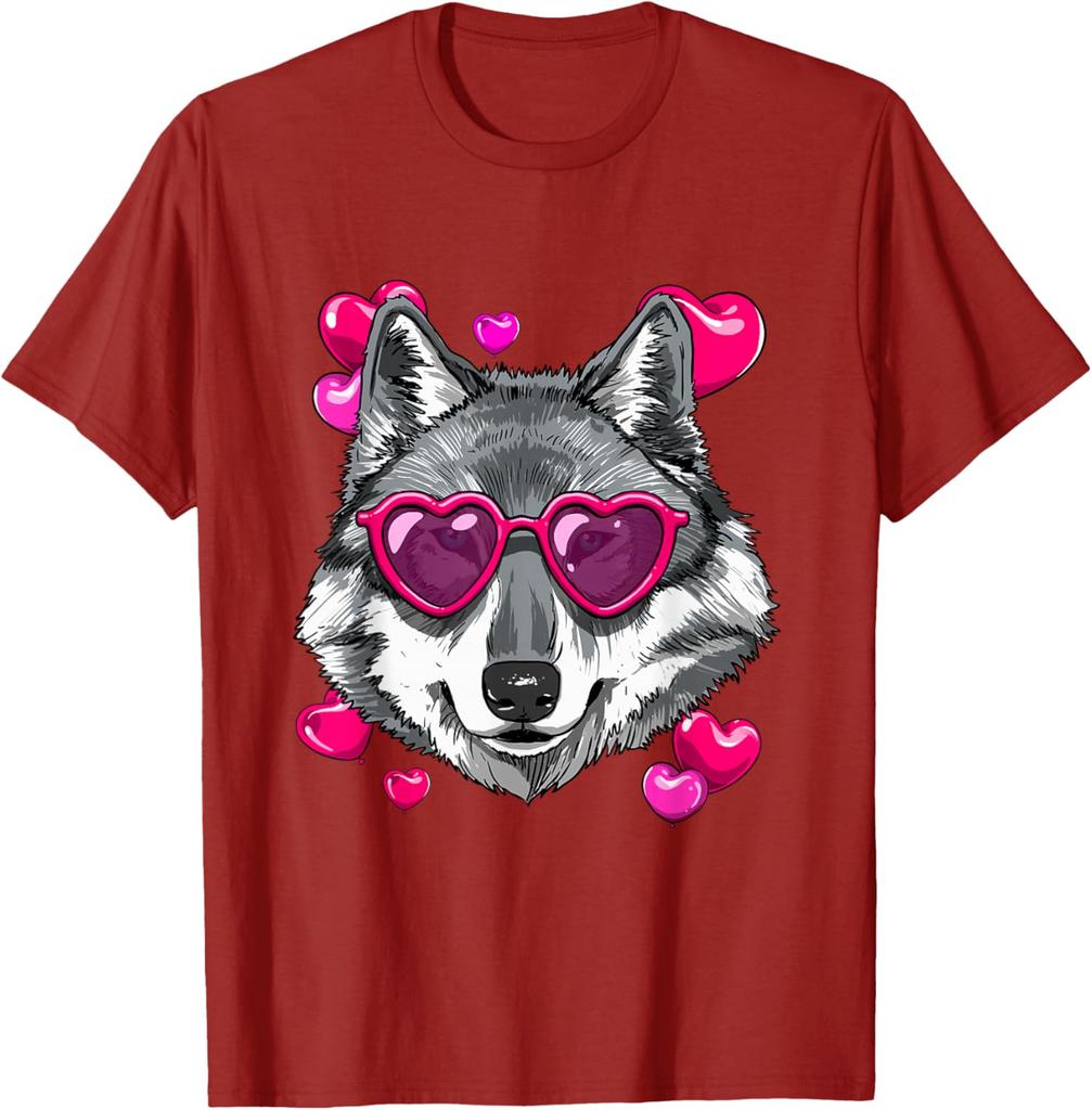 Wolf Lover Heart Sunglasses Valentine Graphic Tee Soft Casual Crewneck T-Shirt