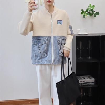 Autumn and Winter New Zipper Splicing Denim Knitted Double-sided Cardigan Design Sense Loose Sweater Jacket Women