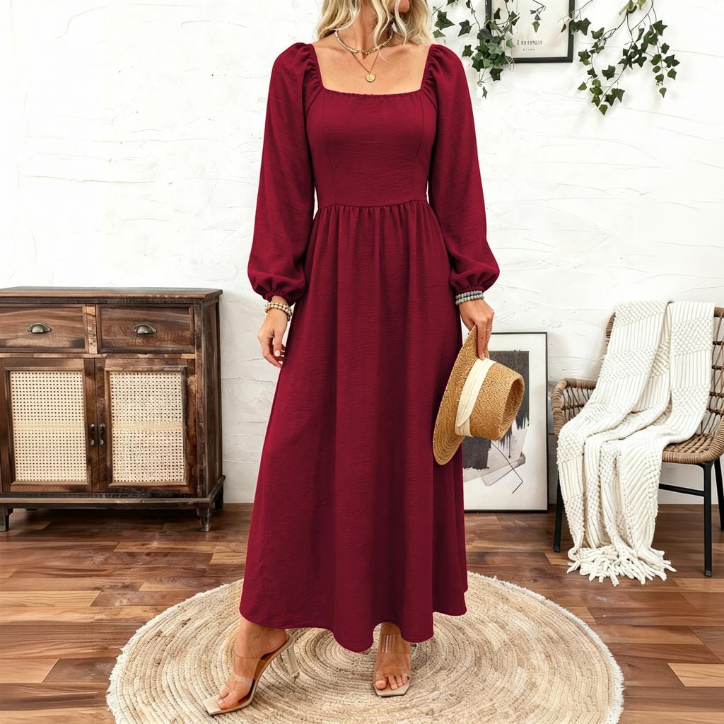 Women's Bohemian Color Square Neck Sleeve Flattering Long Dress