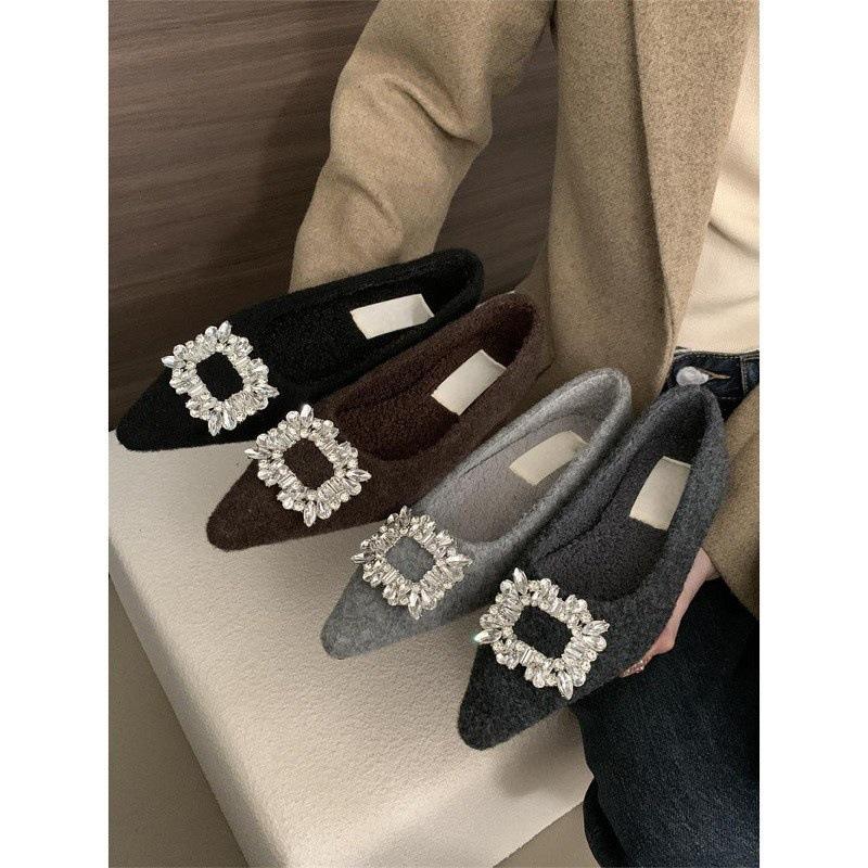 French Xiaoxiangfeng single shoes 2025 new rhinestone square buckle flats evening shoes velvet low heels
