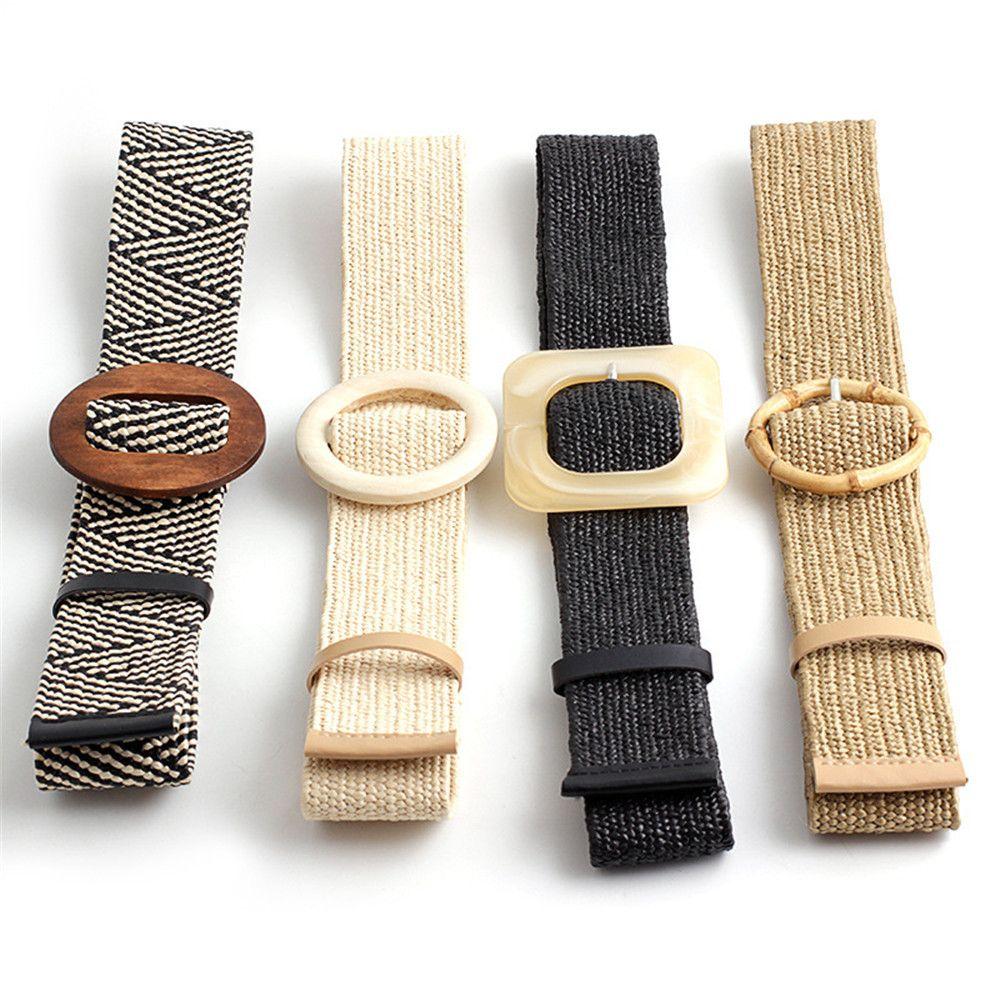 

Summer Wide Bohemian Wooden Buckle Waistbelt Elastic Straw Belt 12