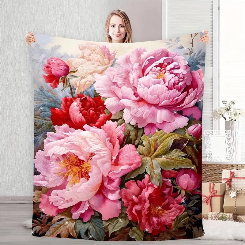 Gorgeous and beautiful peony floral flannel blanket, suitable for home decoration, sofa, bed, camping, Halloween and Christmas 130x150cm