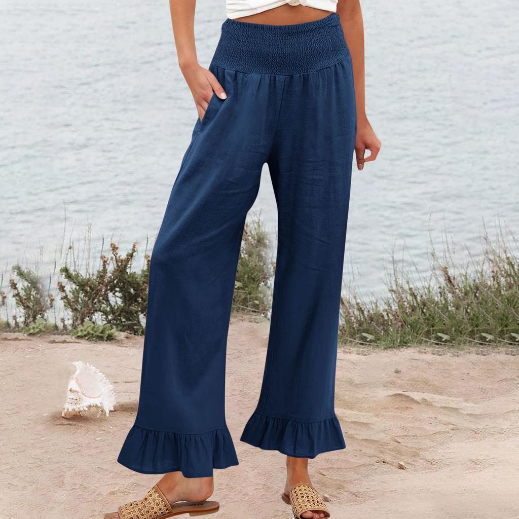 Women's Elastic Belt Pocket Linen Pants Pleated Paper Bag High Waist Ruffled Hem Wide Leg Trousers