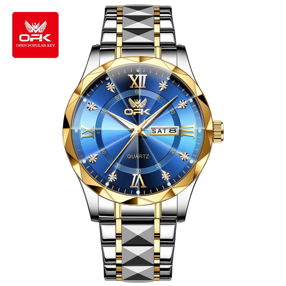 OPK Brand Original Men's Watches Waterproof Week Calendar Quartz Watch for Men Fashion Luminous Diamond Scale Watch