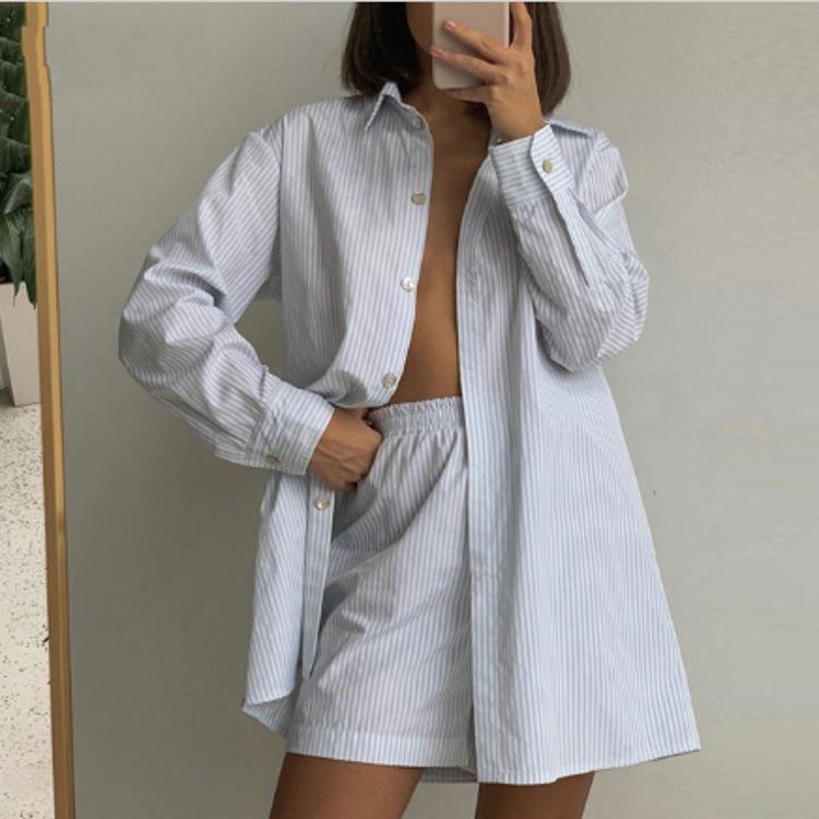 Casual Striped Two-Piece Set: Long-Sleeved Shirt & Wide-Leg Pants with High-Waist Shorts.