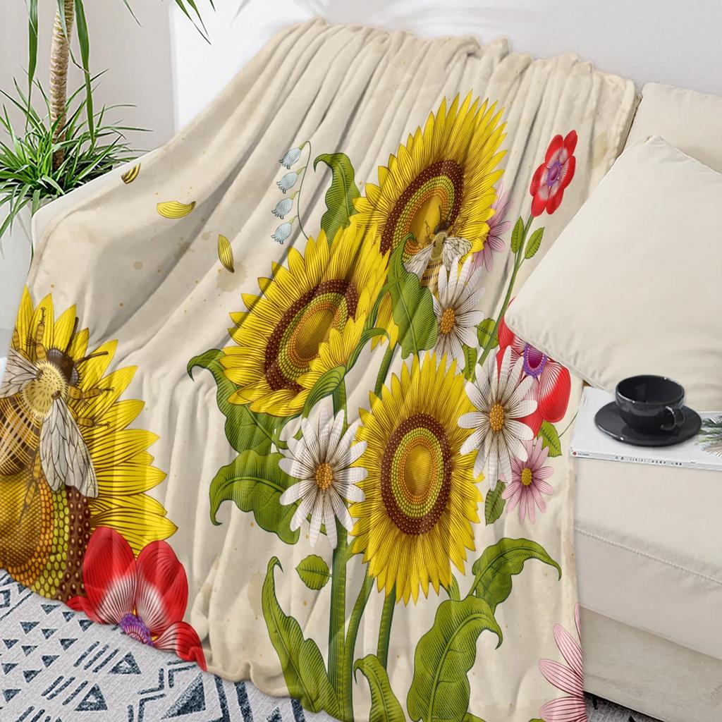 Idyllic Sunflower Bee Throw Blanket Soft Warm Plush Perfect for Travel Camping Picnic Home Decor