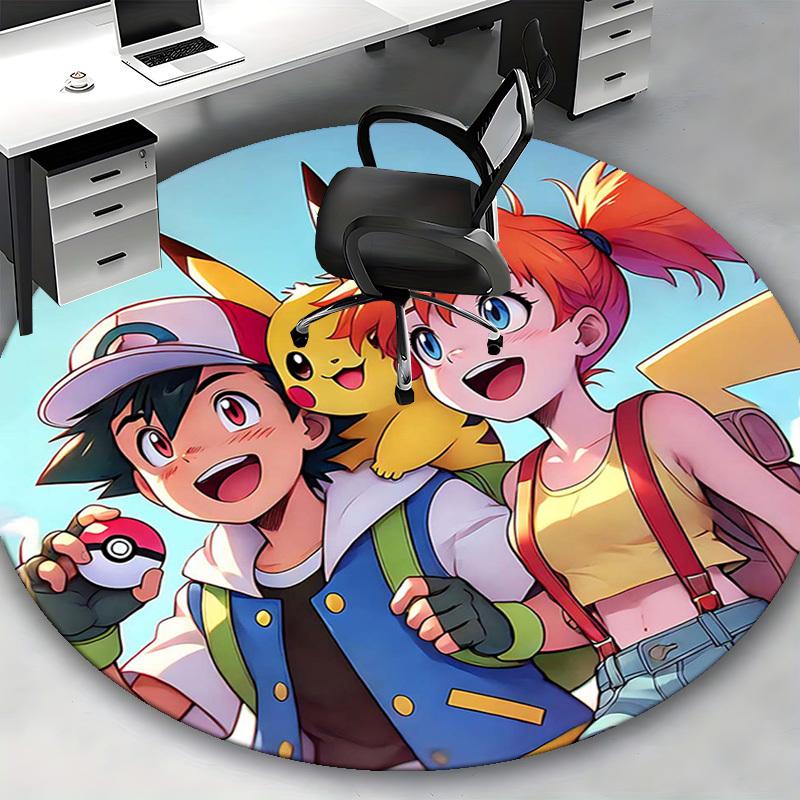 1 Stück Pokémon Pikachu & Trainer Runder Teppich - Anime Design Stuhlmatte, Bürogeschenk, Saisonale Dekoration, Geeignet für Zuhause, Wohnzimmer
