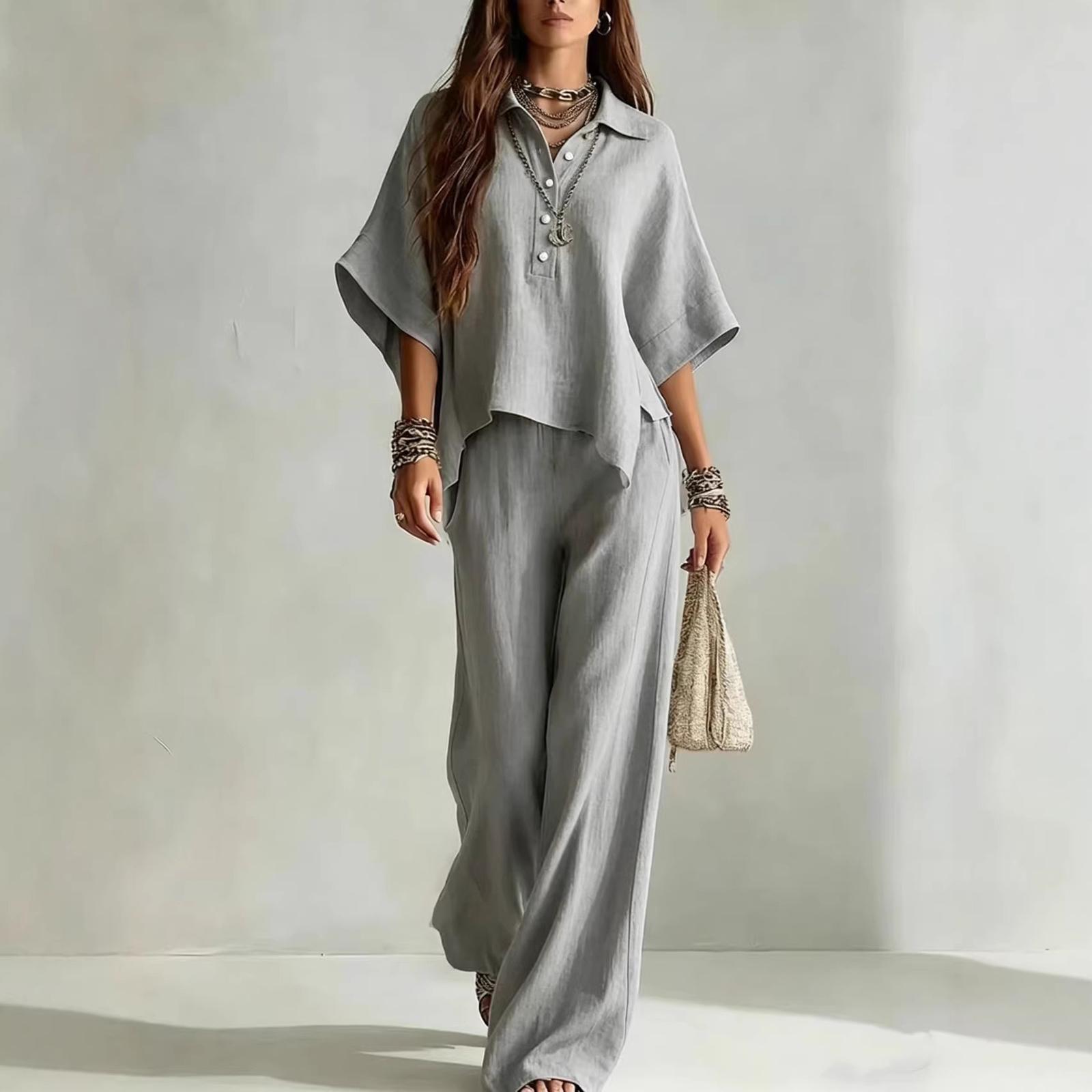 Women s Summer Fashion Lapel Button Short Sleeved Shirt Top Casual Pants Two-piece Set L