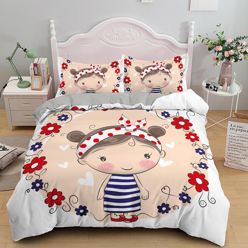 Cartoon Lovely Girls King Queen Duvet Cover Cute Little Girl Pattern Bedding Set Kids Pink Pretty 2/3pcs Polyester Quilt Cover