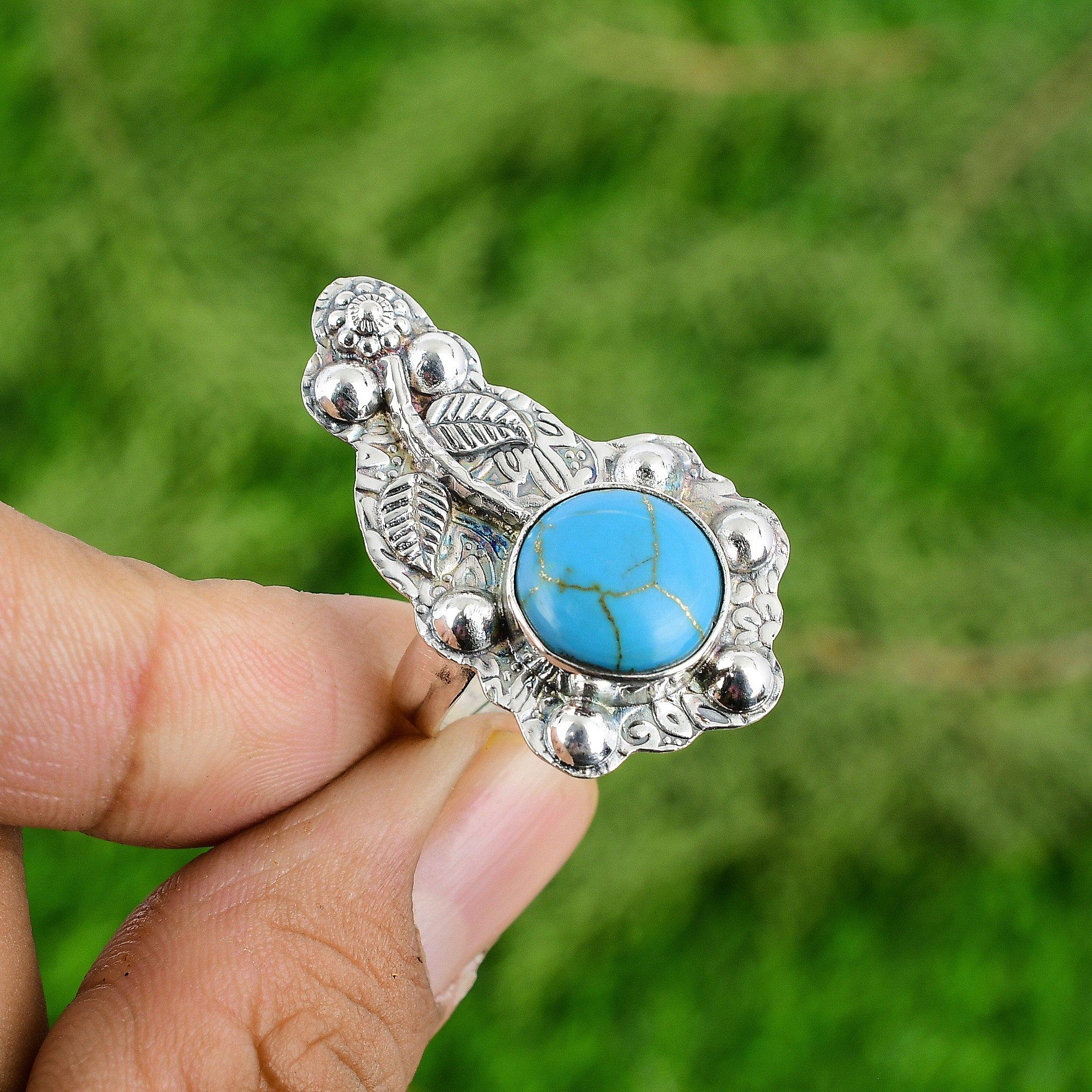 

925 Sterling Silver Natural Copper Arizona Turquoise New Multi Stone Flower Ring Adjustable