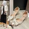 Fashion Rhinestone Bow High Heels Women 2024 New Spring and Autumn Pointy Net Red Packet Head Stiletto Sandals Fairy Wind