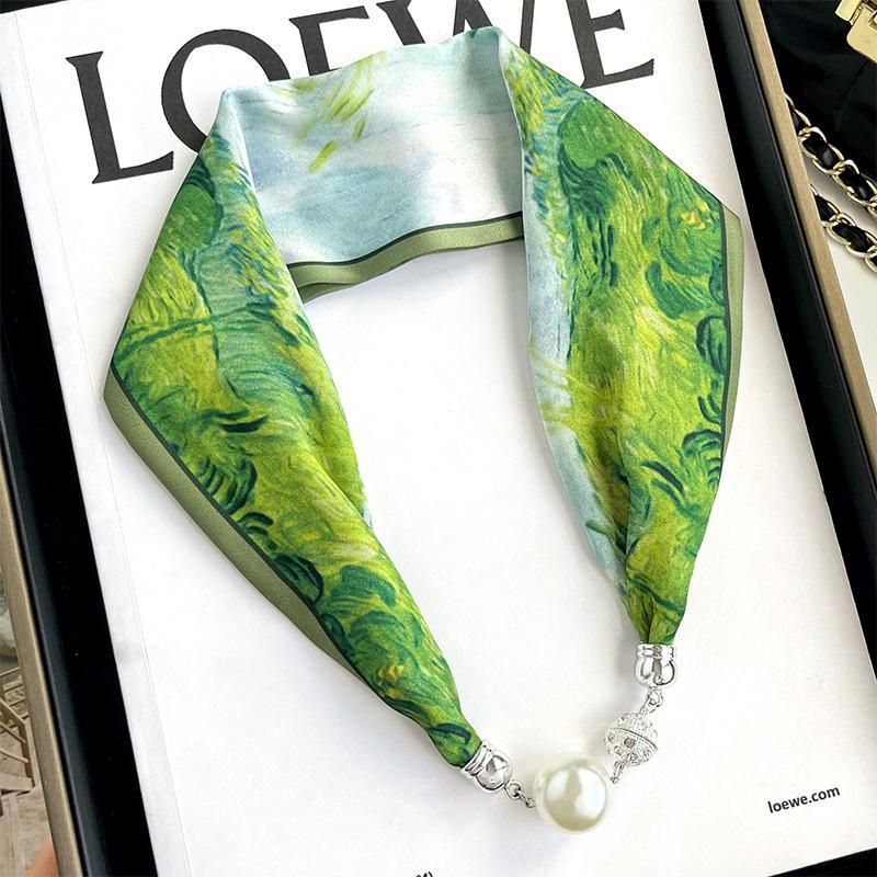 Lazy Magnetic Buckle Summer Scarf with Pearl Necklace Decoration for Women