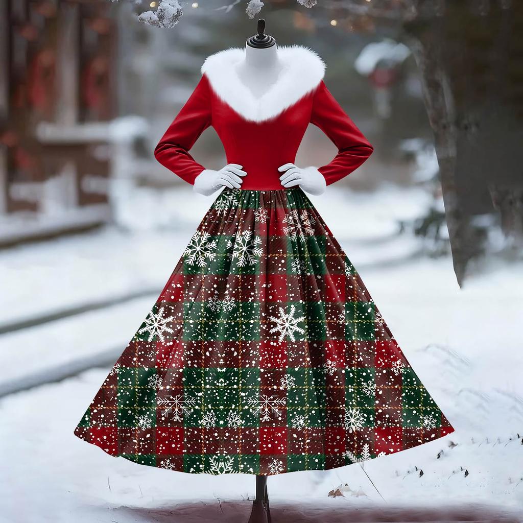 Women's Casual Dress Long-Sleeve V-Neck Patchwork Fleece Christmas Print Dress