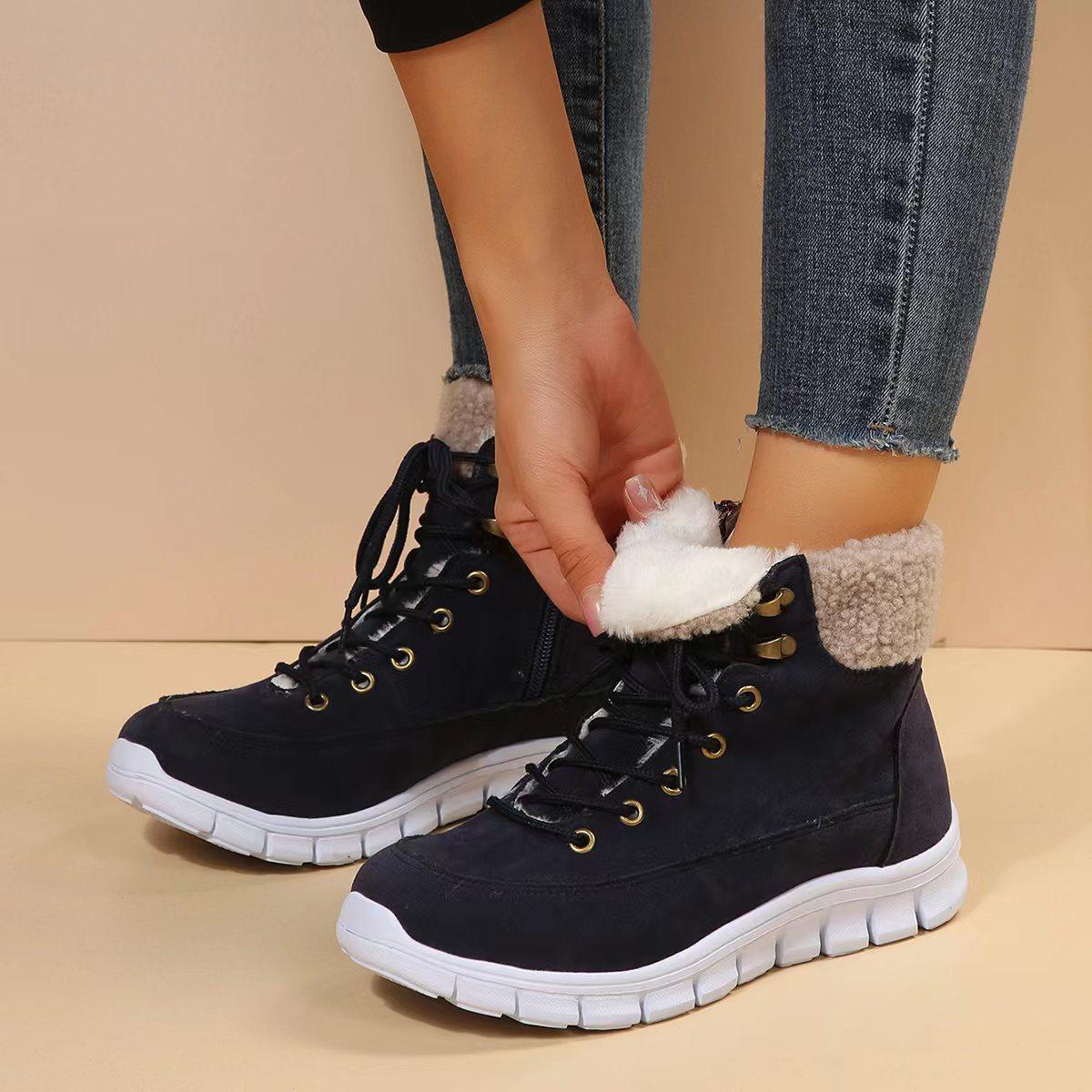 

Зимние хлопковые ботинки зимние новые короткие ботинки женские с круглым носком на шнуровке с отворотом повседневные женские сноубутсы 43 темно-синий