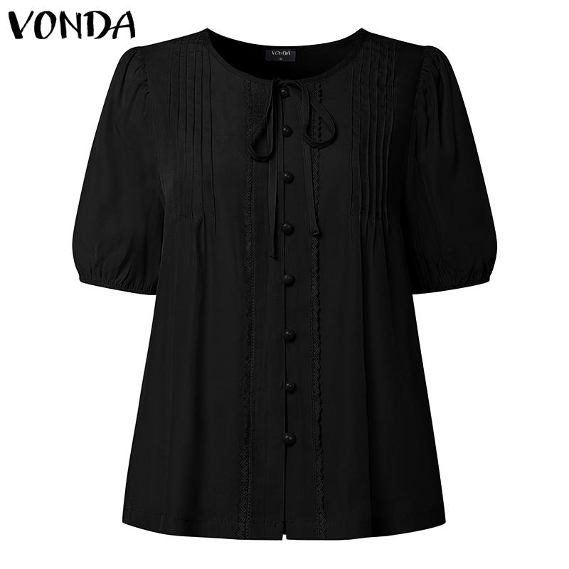 

VONDA Women Lace-up V Neck Puff Sleeve Buttons Up Ruffled Casual Blouse S