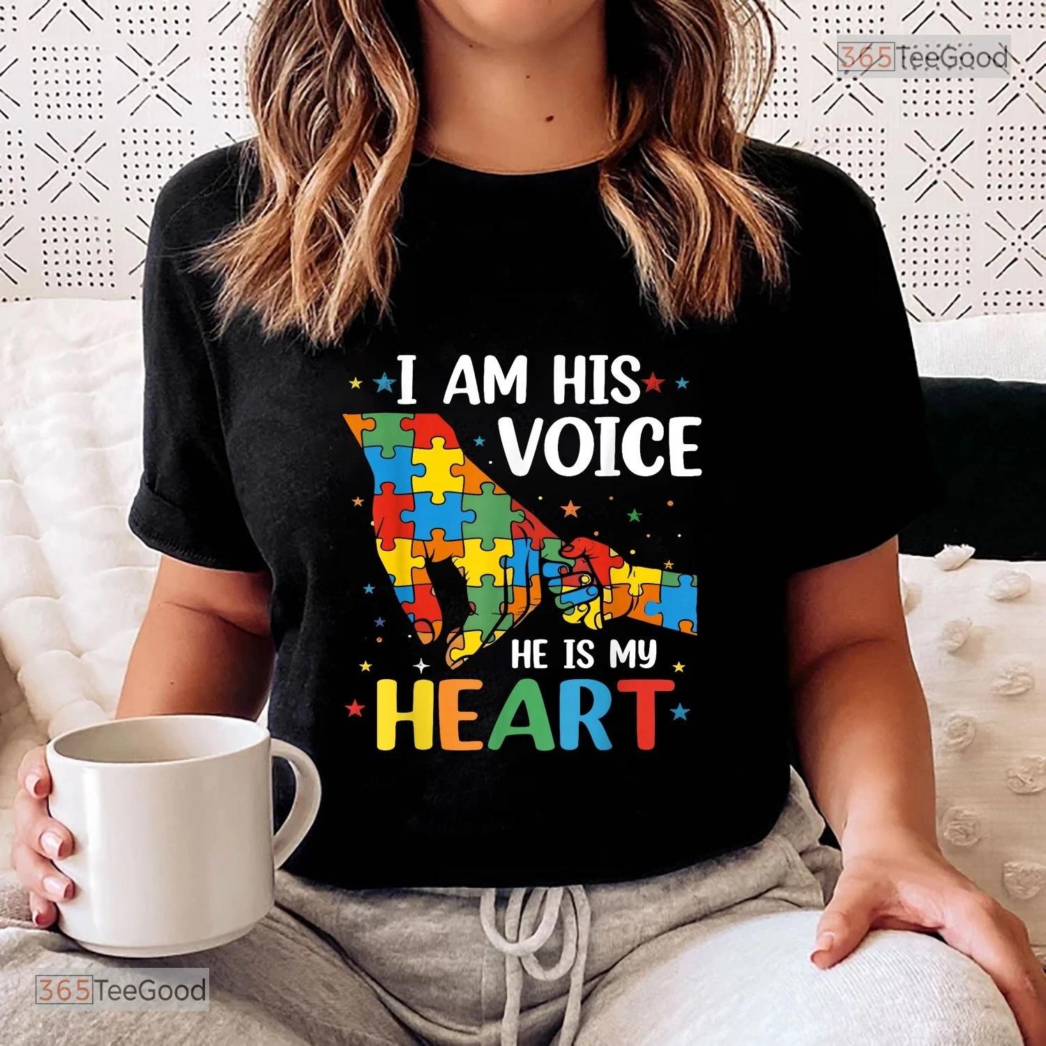 I Am His Voice Autism Awareness Mom Shirt - Proud Mother Puzzle Heart Tee S