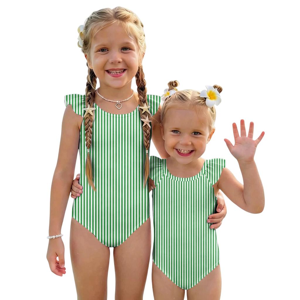 Girls One Piece Swimsuit Striped Print Sleeveless Ruffle Shoulder Swimwear Kids Summer Beachwear Bathing Suit for Children