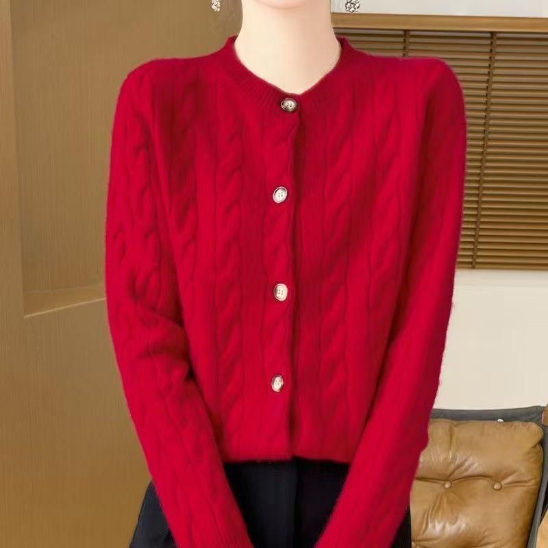 

Базовая футболка Новый свитер для женщин Свободный круглый вырез Модный универсальный кардиган из крученой нити S красный