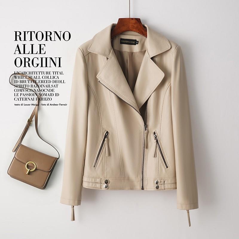 Womens Slim Fit Short Sheepskin Leather Jacket With Notched Collar Motorcycle Style Fall 2026