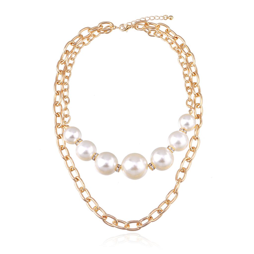 Diamond-set large pearl multi-layer necklace women, personalized retro exaggerated punk chain necklace