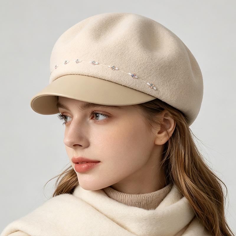 Autumn and Winter Light Luxury Handmade Diamond Chain Wool Cap Women's Versatile Fashion Newsboy Hat Trendy and Warm Felt Hat
